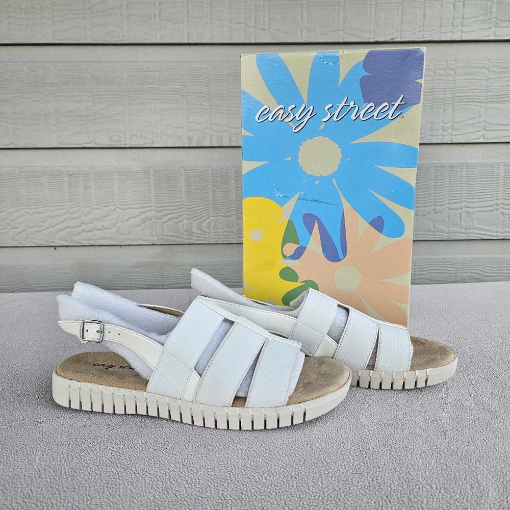 Easy Street Magge Sandals Women SZ 8 White Comfort Slingback Buckle Boho